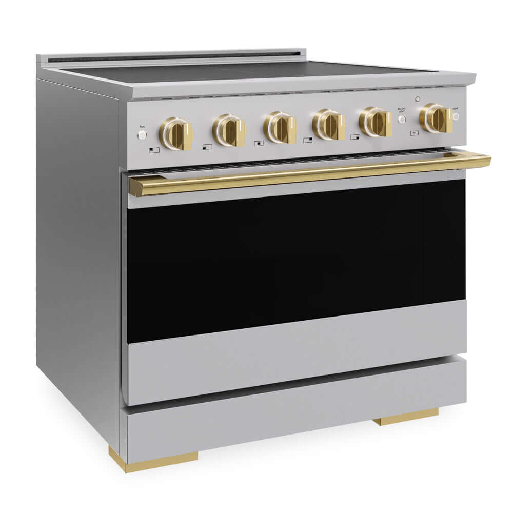 ZLINE Autograph Edition 36 in. 5.2 cu. ft. Marino Induction Range with 5 Element Cooktop and Electric Convection Oven in Stainless Steel with Polished Gold Accents (MINRZ-36-G) side.
