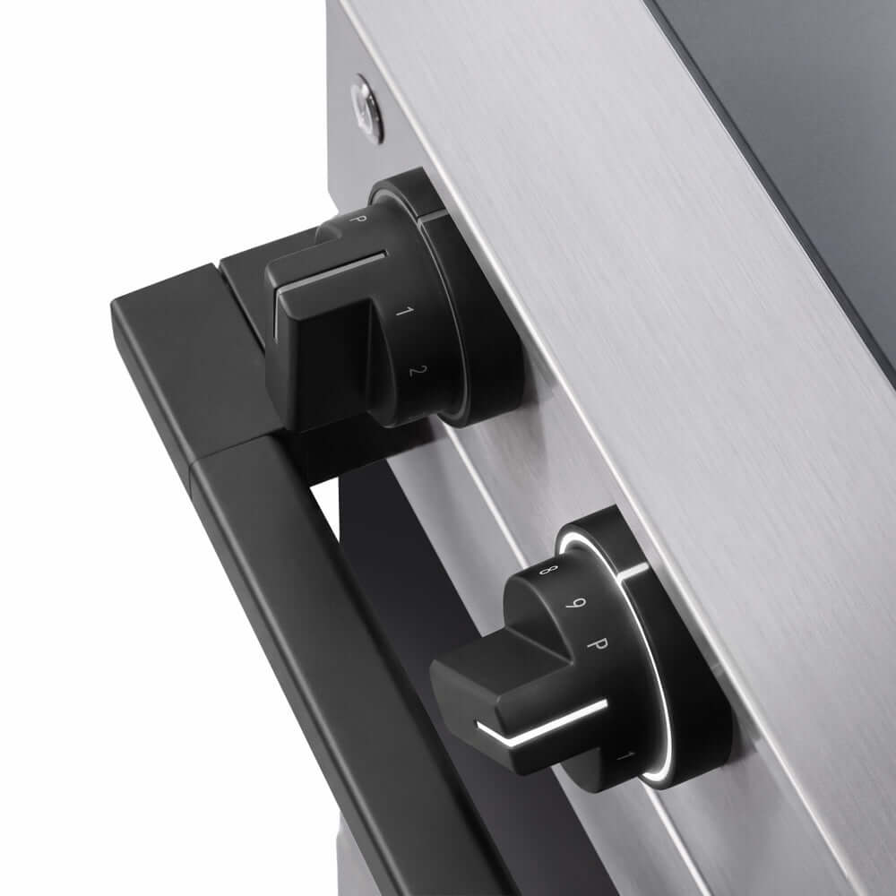 ZLINE Autograph Edition 36 in. 5.2 cu. ft. Marino Induction Range with 5 Element Cooktop and Electric Convection Oven in Stainless Steel with Matte Black Accents (MINRZ-36-MB) close-up, modern oven and cooktop knobs.
