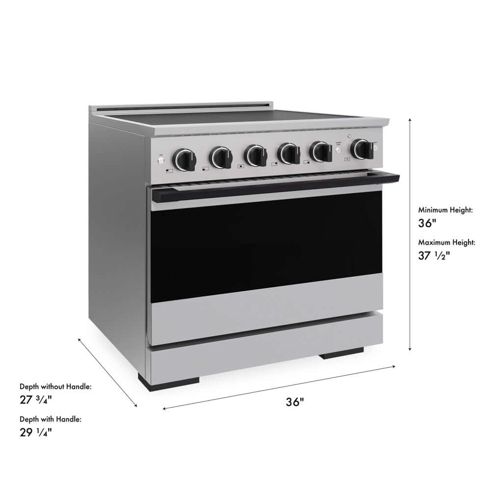 ZLINE Autograph Edition 36 in. 5.2 cu. ft. Marino Induction Range with 5 Element Cooktop and Electric Convection Oven in Stainless Steel with Matte Black Accents (MINRZ-36-MB) with dimensions labeled.