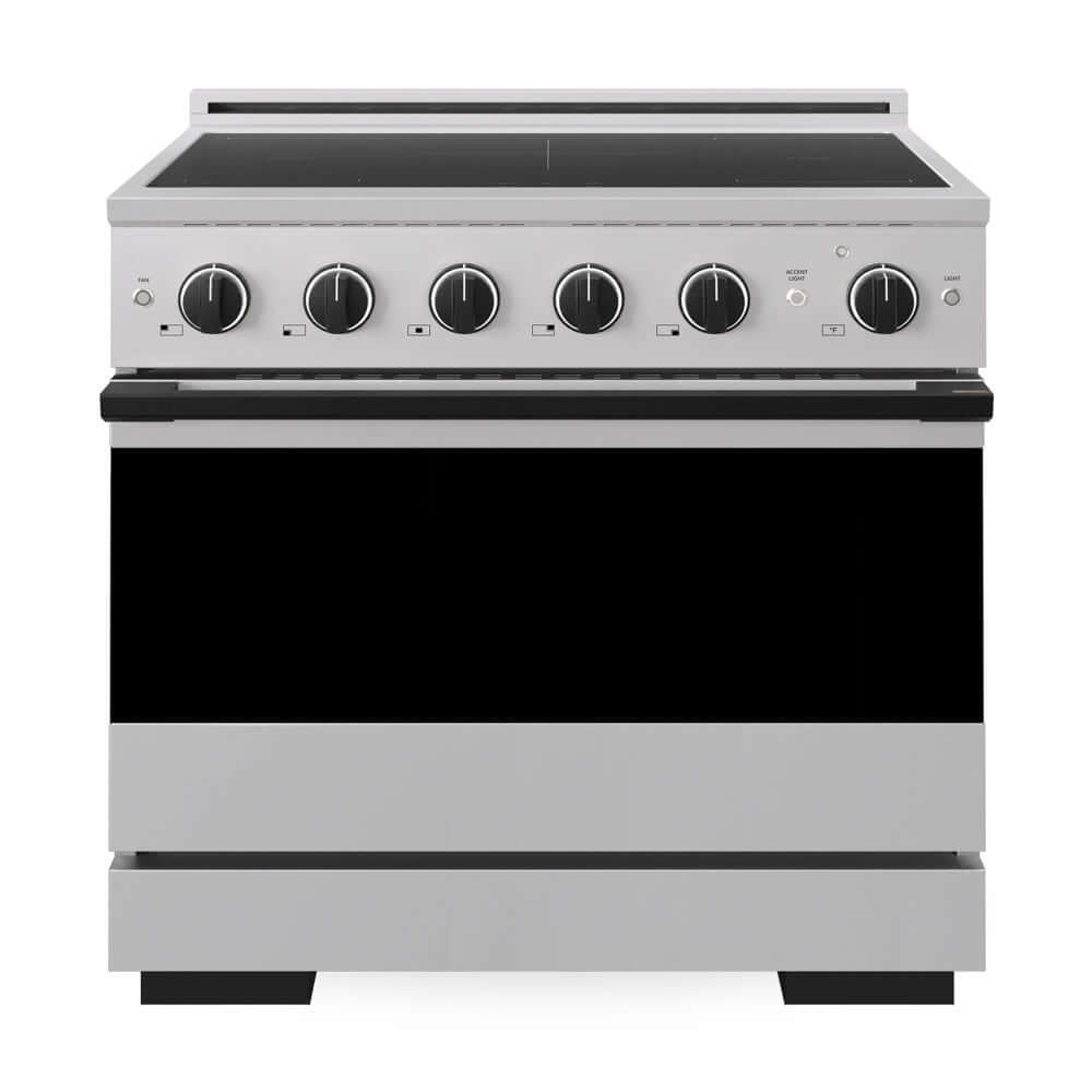 ZLINE Autograph Edition 36 in. 5.2 cu. ft. Marino Induction Range with 5 Element Cooktop and Electric Convection Oven in Stainless Steel with Matte Black Accents (MINRZ-36-MB) front, oven closed.