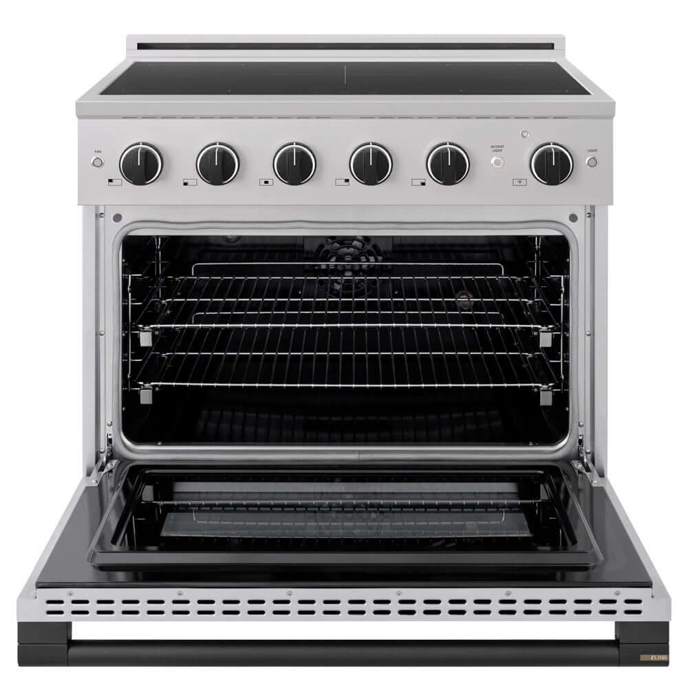 ZLINE Autograph Edition 36 in. 5.2 cu. ft. Marino Induction Range with 5 Element Cooktop and Electric Convection Oven in Stainless Steel with Matte Black Accents (MINRZ-36-MB) front, oven open.