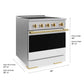 ZLINE Autograph Edition 30 in. 4.2 cu. ft. Marino Induction Range with 4 Element Cooktop and Electric Convection Oven in Stainless Steel with White Matte Door and Polished Gold Accents (MINRZ-WM-30-G) with dimensions labeled.