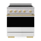 ZLINE Autograph Edition 30 in. 4.2 cu. ft. Marino Induction Range with 4 Element Cooktop and Electric Convection Oven in Stainless Steel with White Matte Door and Polished Gold Accents (MINRZ-WM-30-G) front, oven closed.