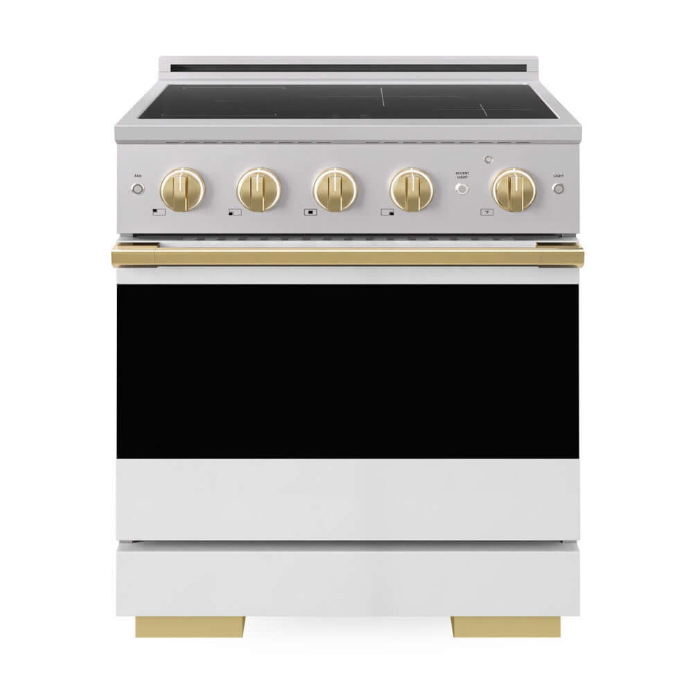 ZLINE Autograph Edition 30 in. 4.2 cu. ft. Marino Induction Range with 4 Element Cooktop and Electric Convection Oven in Stainless Steel with White Matte Door and Polished Gold Accents (MINRZ-WM-30-G) front, oven closed.