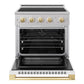 ZLINE Autograph Edition 30 in. 4.2 cu. ft. Marino Induction Range with 4 Element Cooktop and Electric Convection Oven in Stainless Steel with White Matte Door and Polished Gold Accents (MINRZ-WM-30-G) front, oven open.