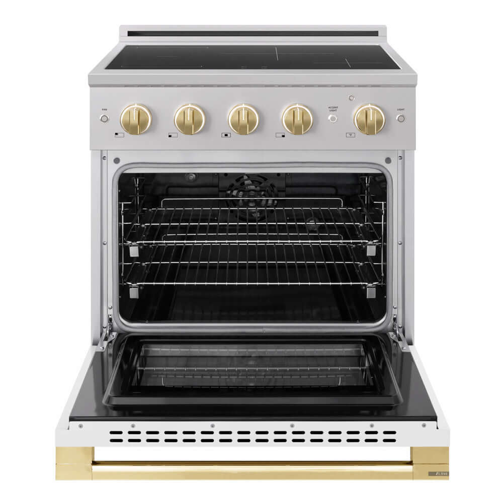 ZLINE Autograph Edition 30 in. 4.2 cu. ft. Marino Induction Range with 4 Element Cooktop and Electric Convection Oven in Stainless Steel with White Matte Door and Polished Gold Accents (MINRZ-WM-30-G) front, oven open.