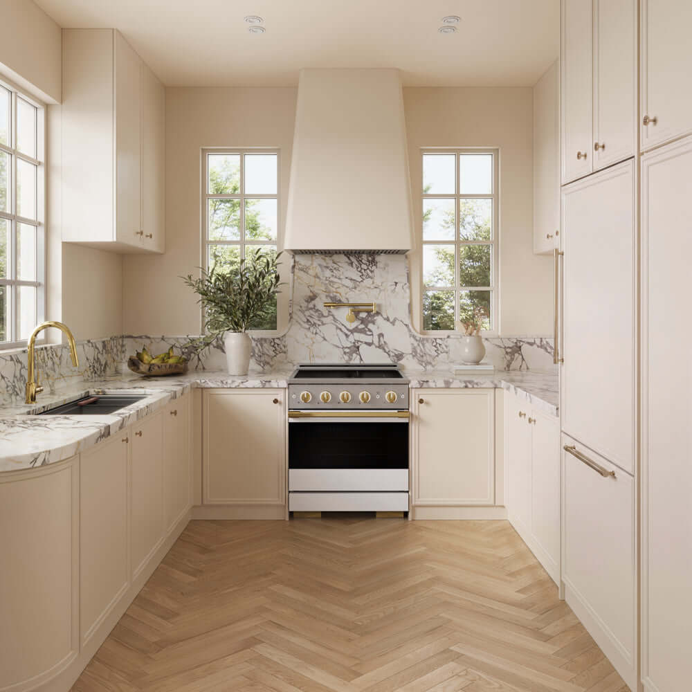 ZLINE Autograph Edition 30 in. 4.2 cu. ft. Marino Induction Range with 4 Element Cooktop and Electric Convection Oven in Stainless Steel with White Matte Door and Polished Gold Accents (MINRZ-WM-30-G) in a designer kitchen with custom details.