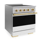 ZLINE Autograph Edition 30 in. 4.2 cu. ft. Marino Induction Range with 4 Element Cooktop and Electric Convection Oven in Stainless Steel with White Matte Door and Polished Gold Accents (MINRZ-WM-30-G) side.