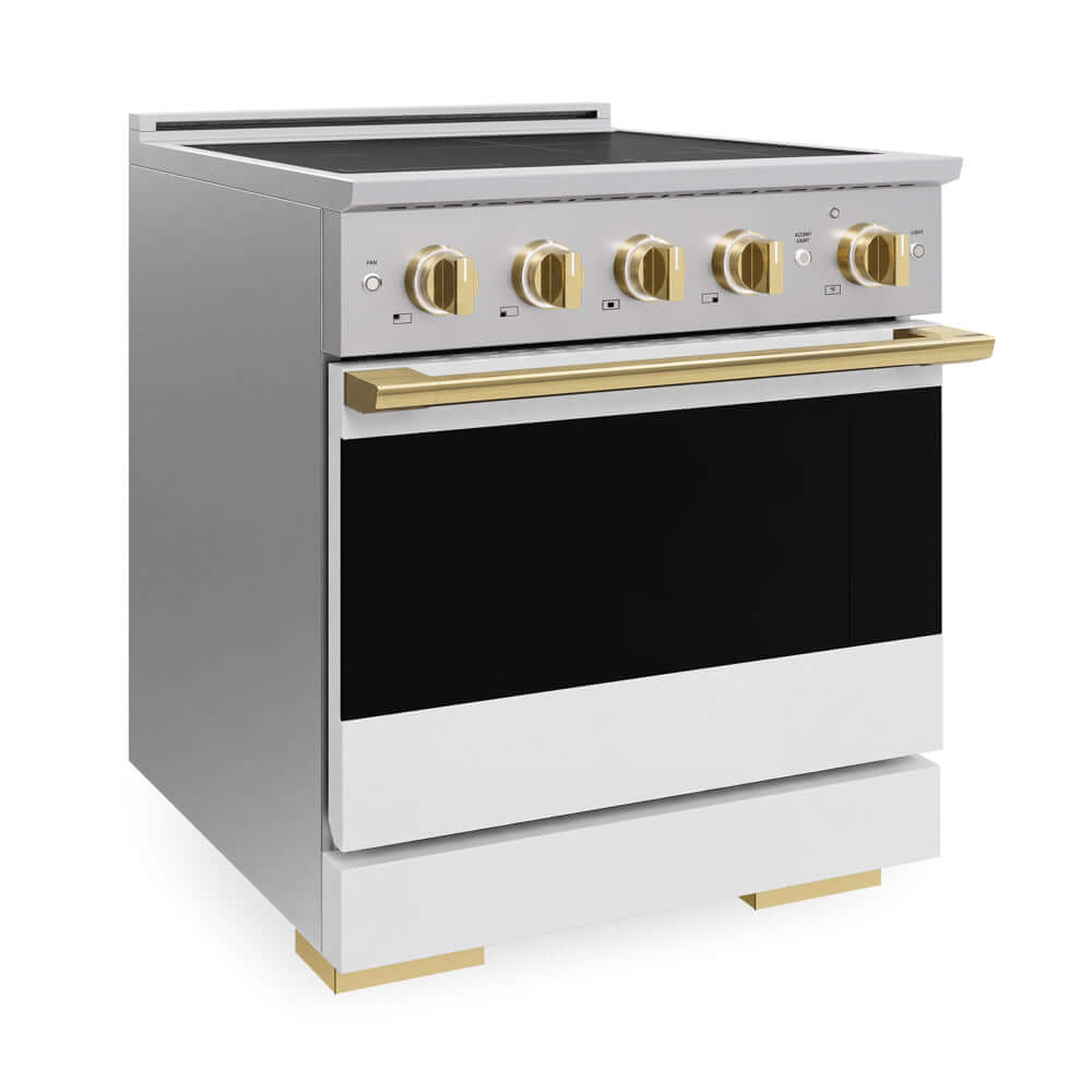 ZLINE Autograph Edition 30 in. 4.2 cu. ft. Marino Induction Range with 4 Element Cooktop and Electric Convection Oven in Stainless Steel with White Matte Door and Polished Gold Accents (MINRZ-WM-30-G) side.