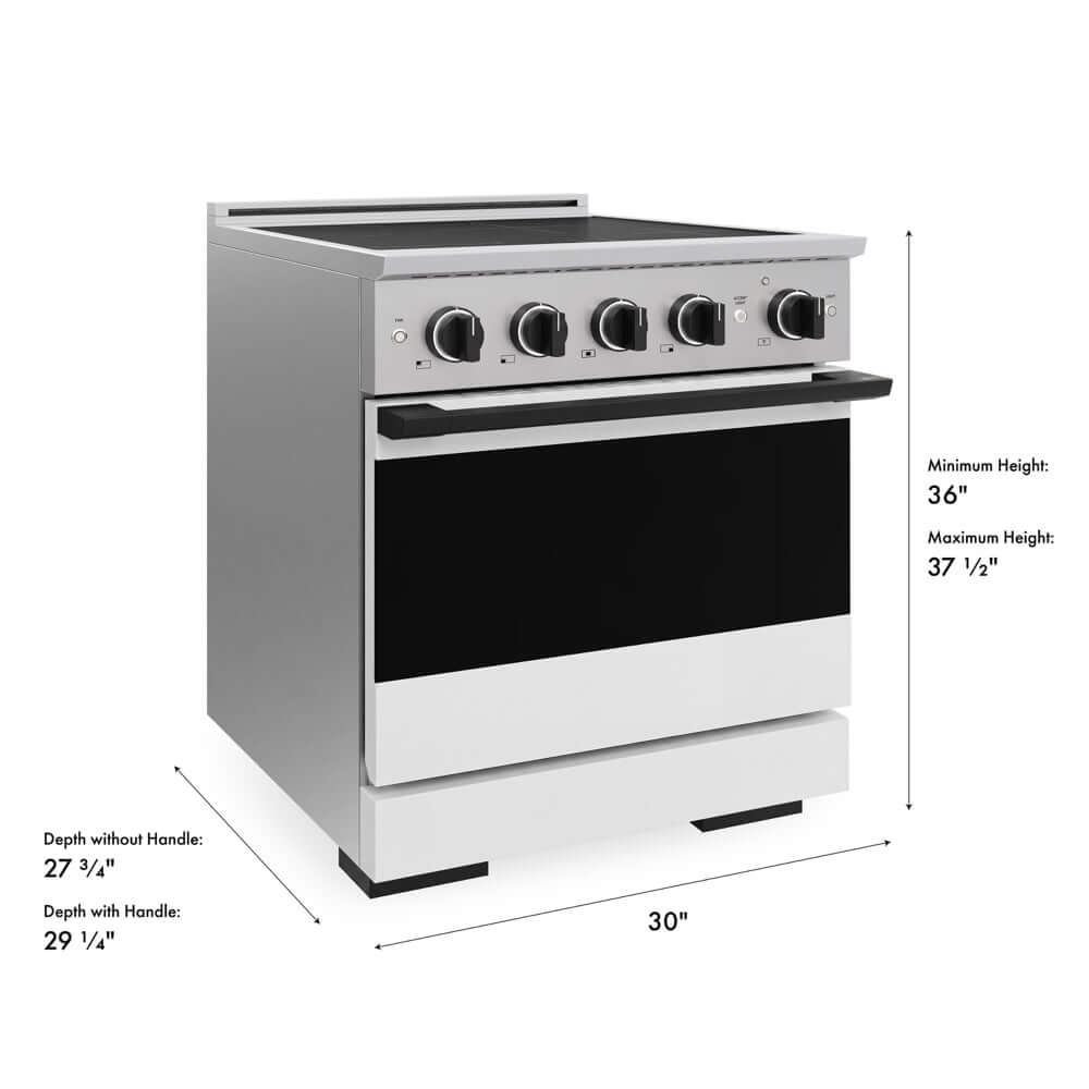 ZLINE Autograph Edition 30 in. 4.2 cu. ft. Marino Induction Range with 4 Element Cooktop and Electric Convection Oven in Stainless Steel with White Matte Door and Matte Black Accents (MINRZ-WM-30-MB) with dimensions labeled.