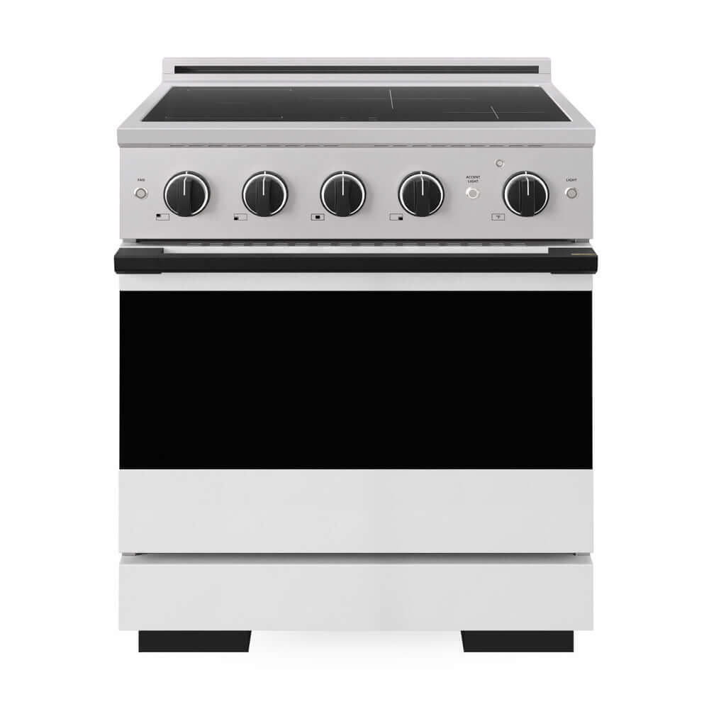 ZLINE Autograph Edition 30 in. 4.2 cu. ft. Marino Induction Range with 4 Element Cooktop and Electric Convection Oven in Stainless Steel with White Matte Door and Matte Black Accents (MINRZ-WM-30-MB) front, oven closed.