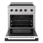 ZLINE Autograph Edition 30 in. 4.2 cu. ft. Marino Induction Range with 4 Element Cooktop and Electric Convection Oven in Stainless Steel with White Matte Door and Matte Black Accents (MINRZ-WM-30-MB) front, oven open.