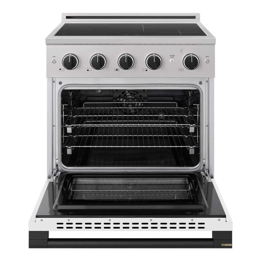 ZLINE Autograph Edition 30 in. 4.2 cu. ft. Marino Induction Range with 4 Element Cooktop and Electric Convection Oven in Stainless Steel with White Matte Door and Matte Black Accents (MINRZ-WM-30-MB) front, oven open.