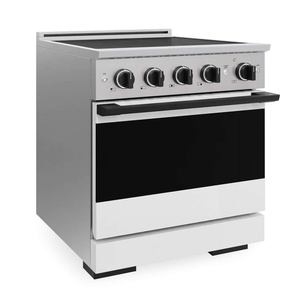 ZLINE Autograph Edition 30 in. 4.2 cu. ft. Marino Induction Range with 4 Element Cooktop and Electric Convection Oven in Stainless Steel with White Matte Door and Matte Black Accents (MINRZ-WM-30-MB) side.