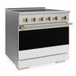 ZLINE Autograph Edition 36 in. 5.2 cu. ft. Marino Induction Range with 5 Element Cooktop and Electric Convection Oven in Stainless Steel with White Matte Door and Champagne Bronze Accents (MINRZ-WM-36-CB)