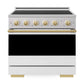 ZLINE Autograph Edition 36 in. 5.2 cu. ft. Marino Induction Range with 5 Element Cooktop and Electric Convection Oven in Stainless Steel with White Matte Door and Polished Gold Accents (MINRZ-WM-36-G) front, oven closed.