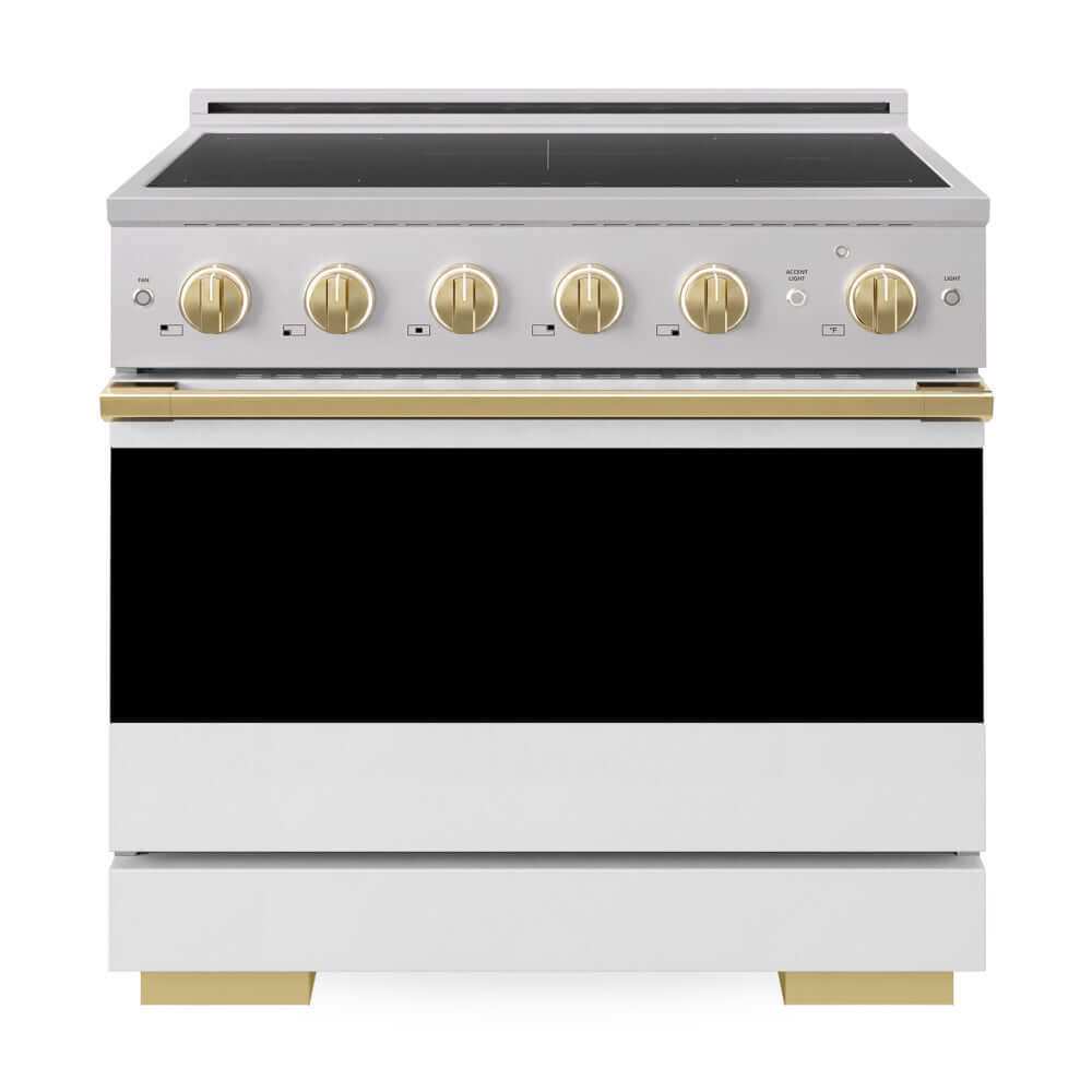 ZLINE Autograph Edition 36 in. 5.2 cu. ft. Marino Induction Range with 5 Element Cooktop and Electric Convection Oven in Stainless Steel with White Matte Door and Polished Gold Accents (MINRZ-WM-36-G) front, oven closed.