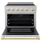 ZLINE Autograph Edition 36 in. 5.2 cu. ft. Marino Induction Range with 5 Element Cooktop and Electric Convection Oven in Stainless Steel with White Matte Door and Polished Gold Accents (MINRZ-WM-36-G) front, oven open.