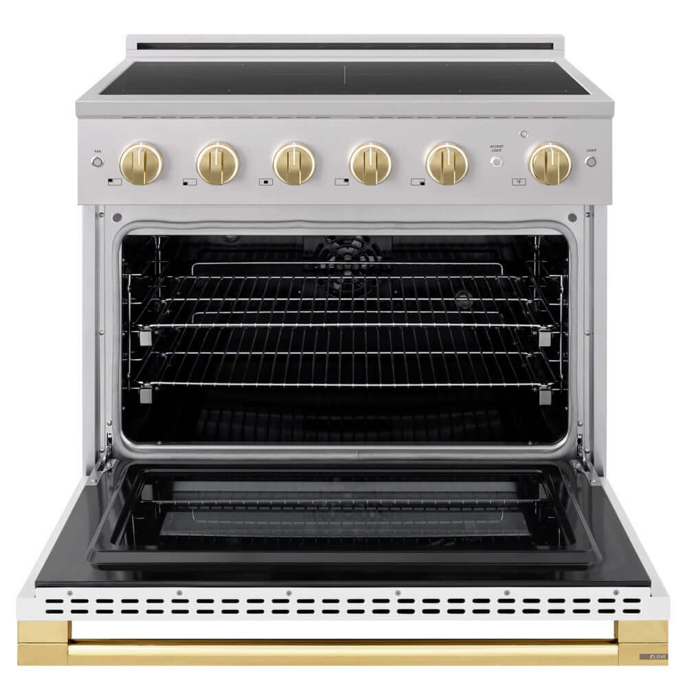 ZLINE Autograph Edition 36 in. 5.2 cu. ft. Marino Induction Range with 5 Element Cooktop and Electric Convection Oven in Stainless Steel with White Matte Door and Polished Gold Accents (MINRZ-WM-36-G) front, oven open.