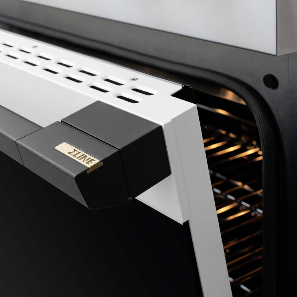 ZLINE Autograph Edition 36 in. 5.2 cu. ft. Marino Induction Range with 5 Element Cooktop and Electric Convection Oven in Stainless Steel with White Matte Door and Matte Black Accents (MINRZ-WM-36-MB) close-up, oven door handle.