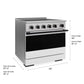 ZLINE Autograph Edition 36 in. 5.2 cu. ft. Marino Induction Range with 5 Element Cooktop and Electric Convection Oven in Stainless Steel with White Matte Door and Matte Black Accents (MINRZ-WM-36-MB) with dimensions labeled.