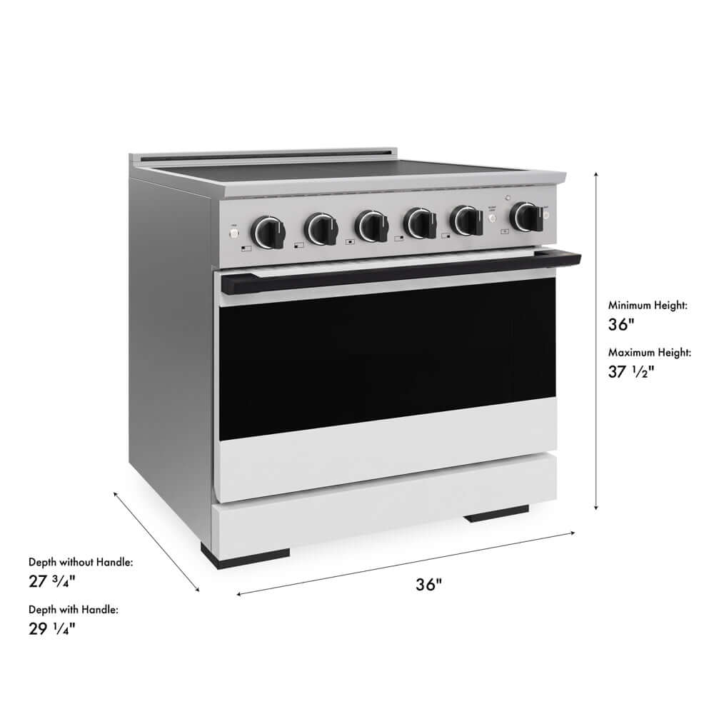 ZLINE Autograph Edition 36 in. 5.2 cu. ft. Marino Induction Range with 5 Element Cooktop and Electric Convection Oven in Stainless Steel with White Matte Door and Matte Black Accents (MINRZ-WM-36-MB) with dimensions labeled.