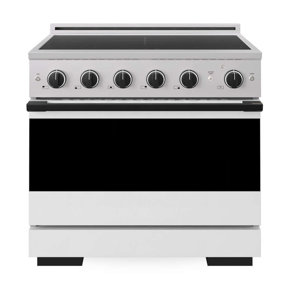 ZLINE Autograph Edition 36 in. 5.2 cu. ft. Marino Induction Range with 5 Element Cooktop and Electric Convection Oven in Stainless Steel with White Matte Door and Matte Black Accents (MINRZ-WM-36-MB) front, oven closed.