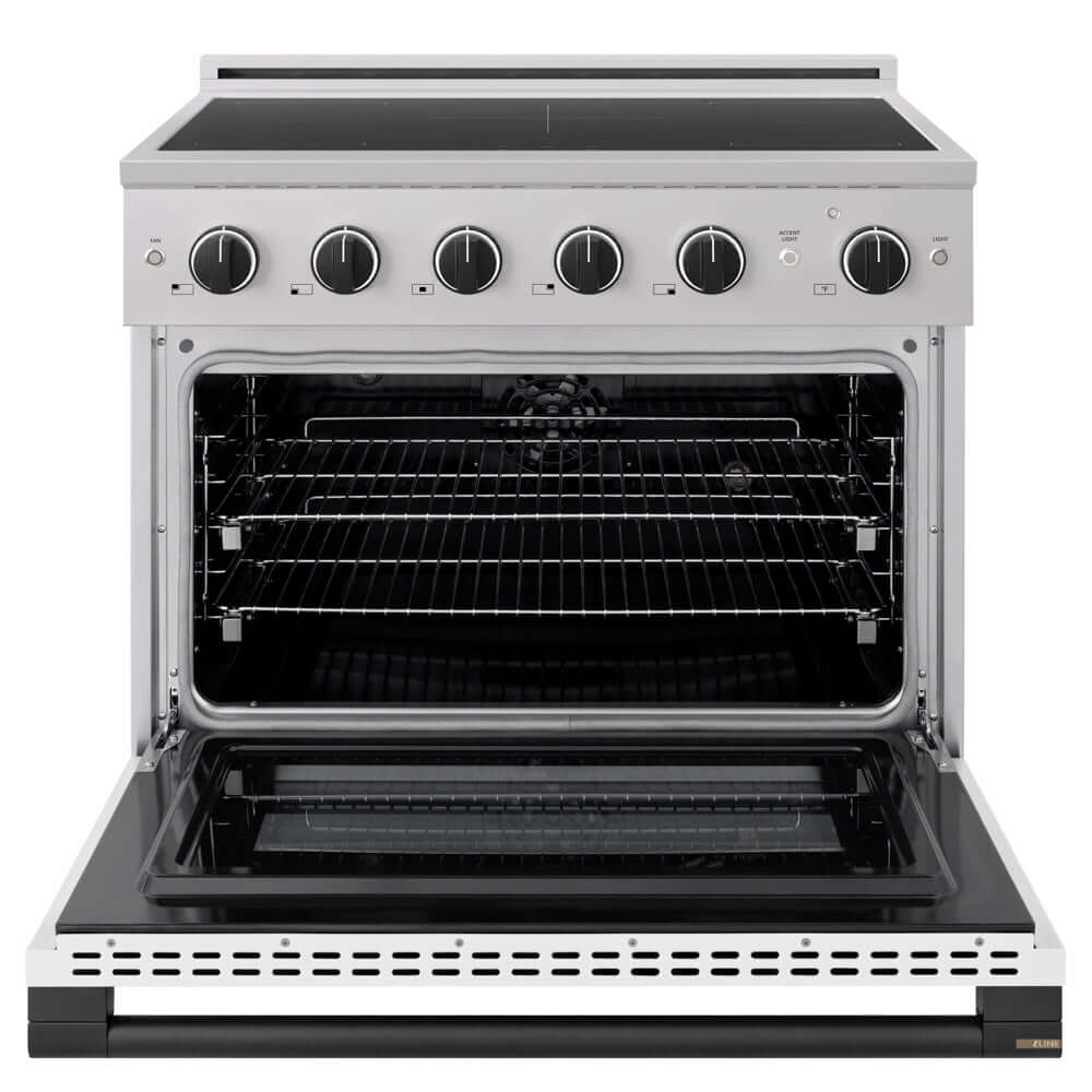 ZLINE Autograph Edition 36 in. 5.2 cu. ft. Marino Induction Range with 5 Element Cooktop and Electric Convection Oven in Stainless Steel with White Matte Door and Matte Black Accents (MINRZ-WM-36-MB) front, oven open.