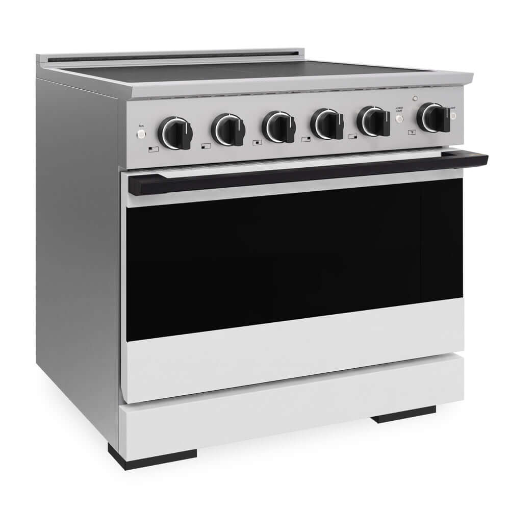 ZLINE Autograph Edition 36 in. 5.2 cu. ft. Marino Induction Range with 5 Element Cooktop and Electric Convection Oven in Stainless Steel with White Matte Door and Matte Black Accents (MINRZ-WM-36-MB) side.