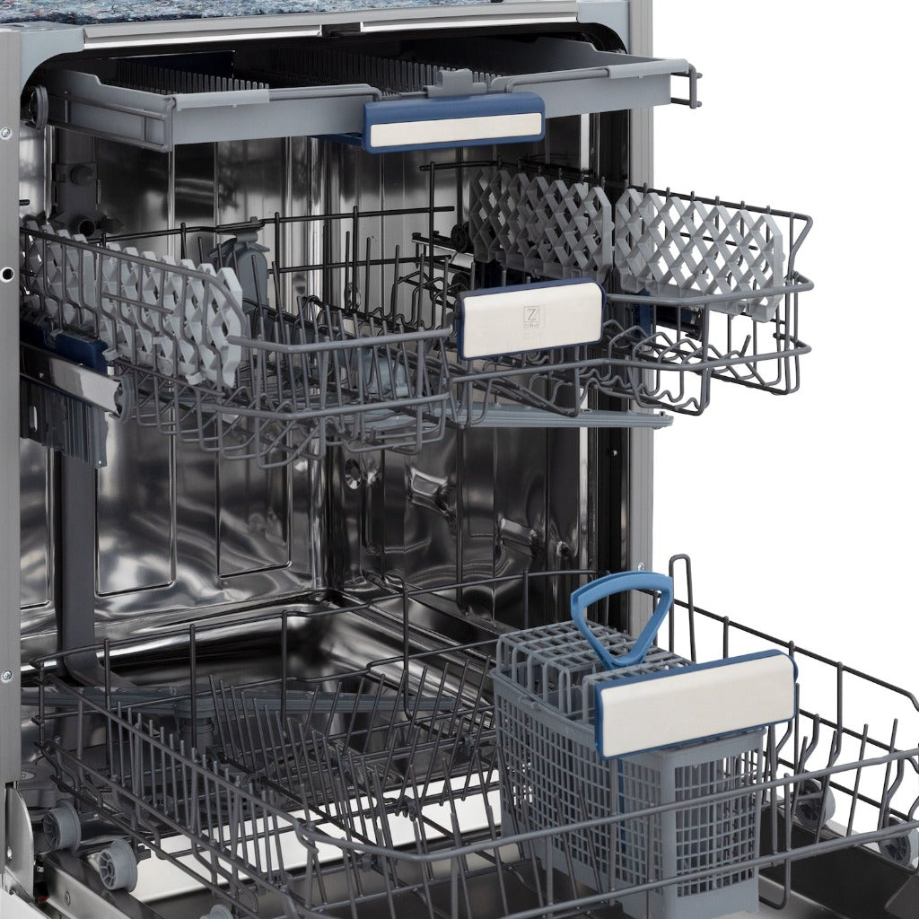 ZLINE 24 in. Tallac Series 3rd Rack Tall Tub Dishwasher in Custom Panel Ready with Stainless Steel Tub, 51dBa (DWV-24) close-up, dishwasher open with dish racks extended from side.