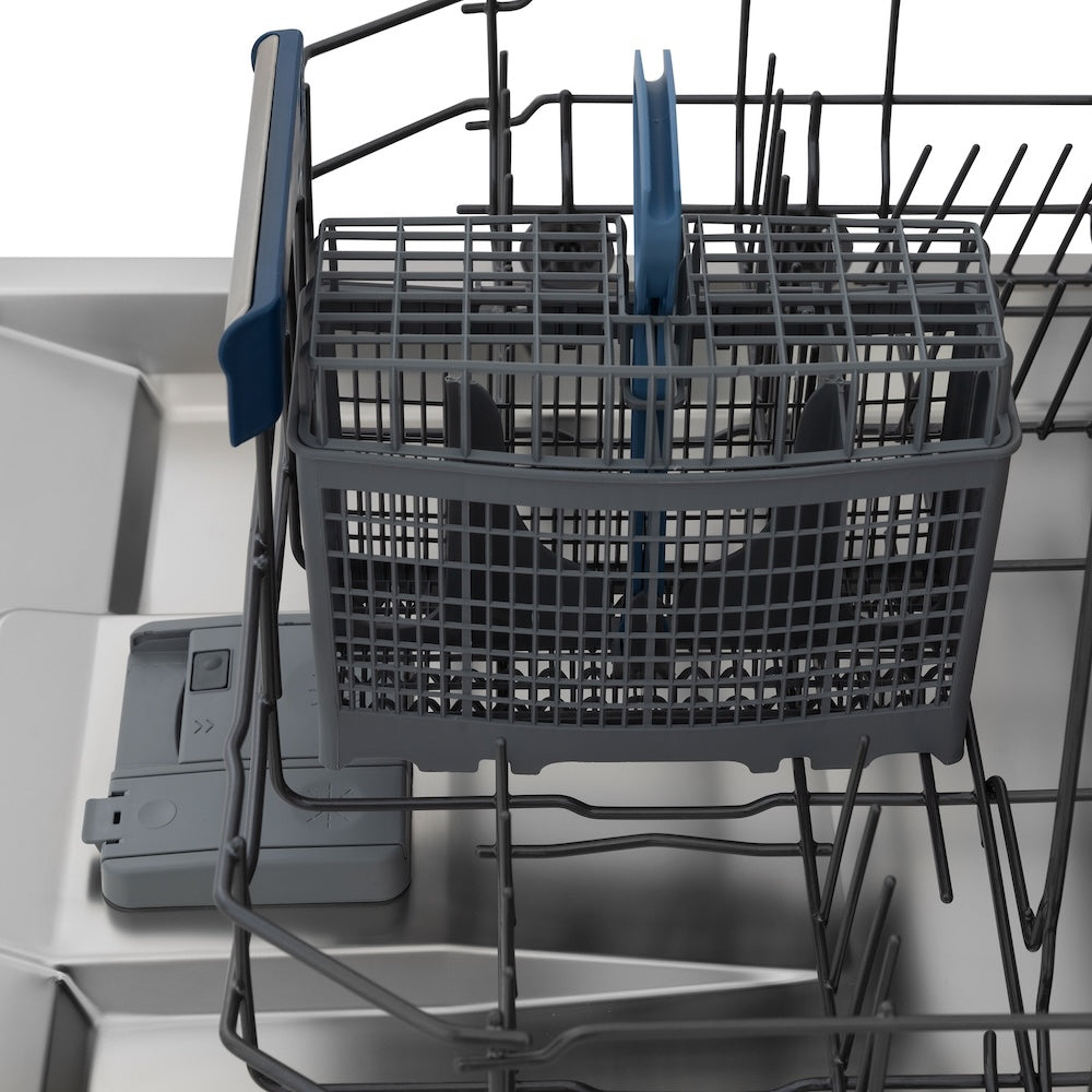 ZLINE 24 in. Tallac Series 3rd Rack Tall Tub Dishwasher in Custom Panel Ready with Stainless Steel Tub, 51dBa (DWV-24) close-up, utensil holder on bottom dish rack.