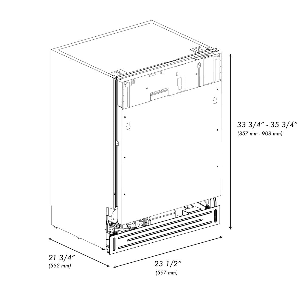 ZLINE 24 in. Tallac Series 3rd Rack Tall Tub Dishwasher in Custom Panel Ready with Stainless Steel Tub, 51dBa (DWV-24) dimensional diagram.