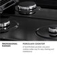 Professional Ranges Infographic. Image: Close-up of black porcelain cooktop and burners. Text: Porcelain Cooktop. A hand-finished porcelain one-piece cooktop makes way for easy cleaning and maintenance.