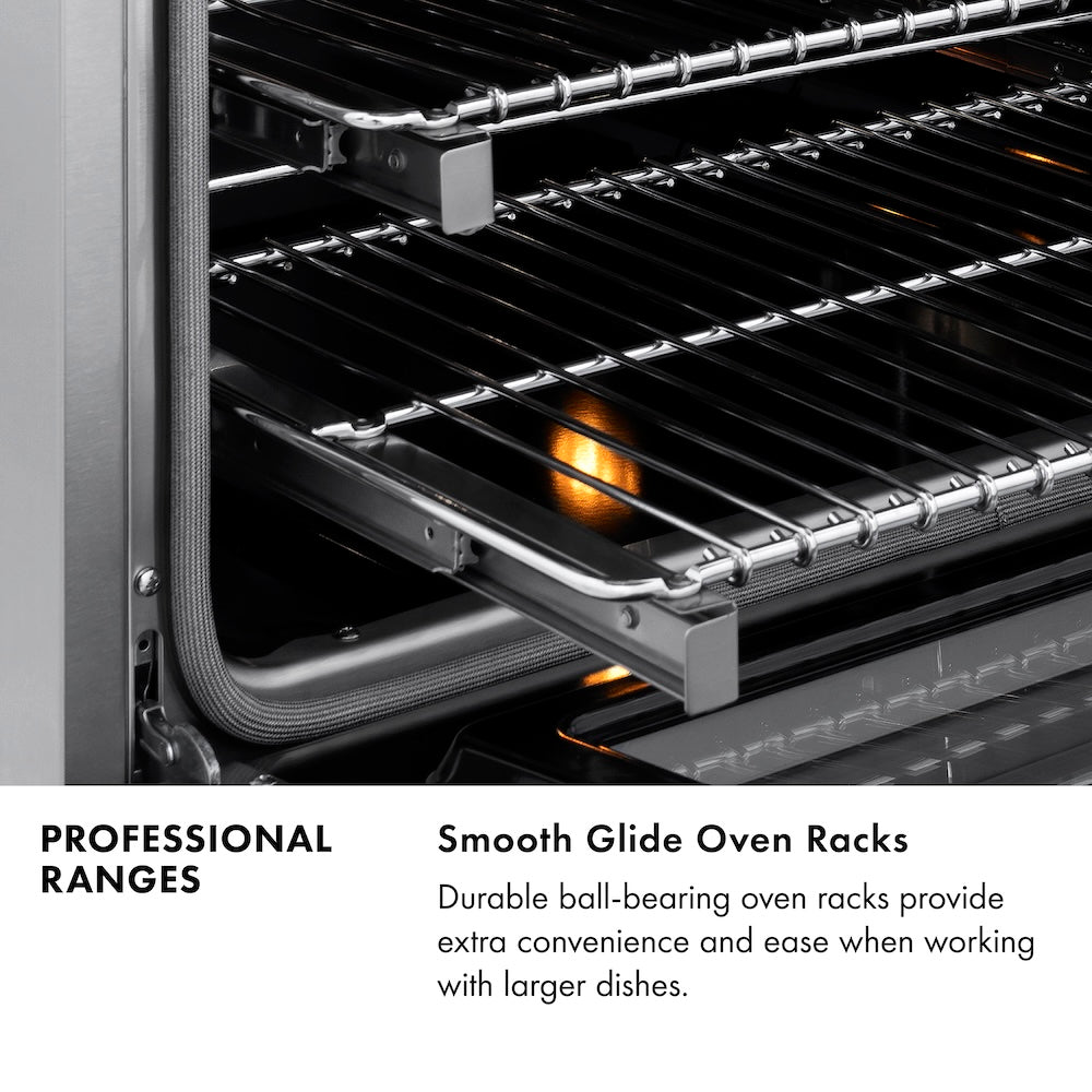 Professional Ranges Infographic. Image: Close-up of Smooth Glide Oven Racks. Text: Smooth Glide Oven Racks. Durable ball-bearing oven racks provide extra convenience and ease when working with larger dishes.