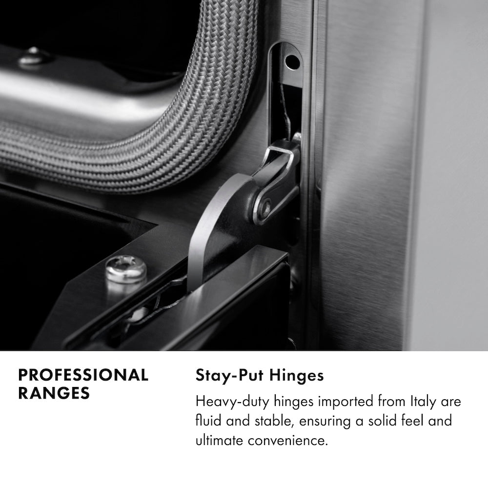 Professional Ranges Infographic. Close-up of Stay-Put hinge mechanism. Text: Stay-Put Hinges. Heavy-duty hinges imported from Italy are fluid and stable, ensuring a solid feel and ultimate convenience.