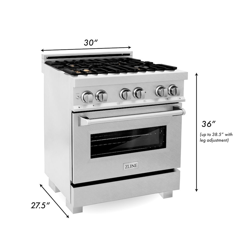 ZLINE 30 in. 4.0 cu. ft. Legacy Dual Fuel Range with Gas Cooktop and Electric Convection Oven in Satin Stainless Steel with 4 Brass Burners and Griddle (RAS-SN-BR-GR-30) dimensional diagram.