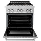 ZLINE 30 in. 4.0 cu. ft. Legacy Dual Fuel Range with Gas Cooktop and Electric Convection Oven in Satin Stainless Steel with 4 Brass Burners and Griddle (RAS-SN-BR-GR-30) front, oven open.