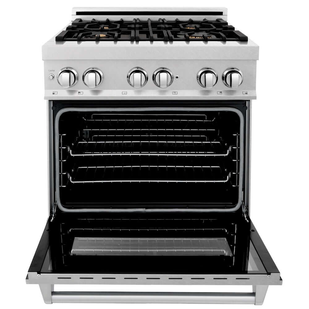ZLINE 30 in. 4.0 cu. ft. Legacy Dual Fuel Range with Gas Cooktop and Electric Convection Oven in Satin Stainless Steel with 4 Brass Burners and Griddle (RAS-SN-BR-GR-30) front, oven open.