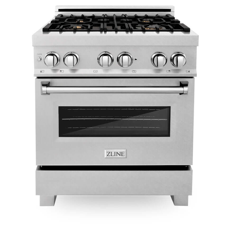 ZLINE 30 in. 4.0 cu. ft. Legacy Dual Fuel Range with Gas Cooktop and Electric Convection Oven in Satin Stainless Steel with 4 Brass Burners and Griddle (RAS-SN-BR-GR-30) front.