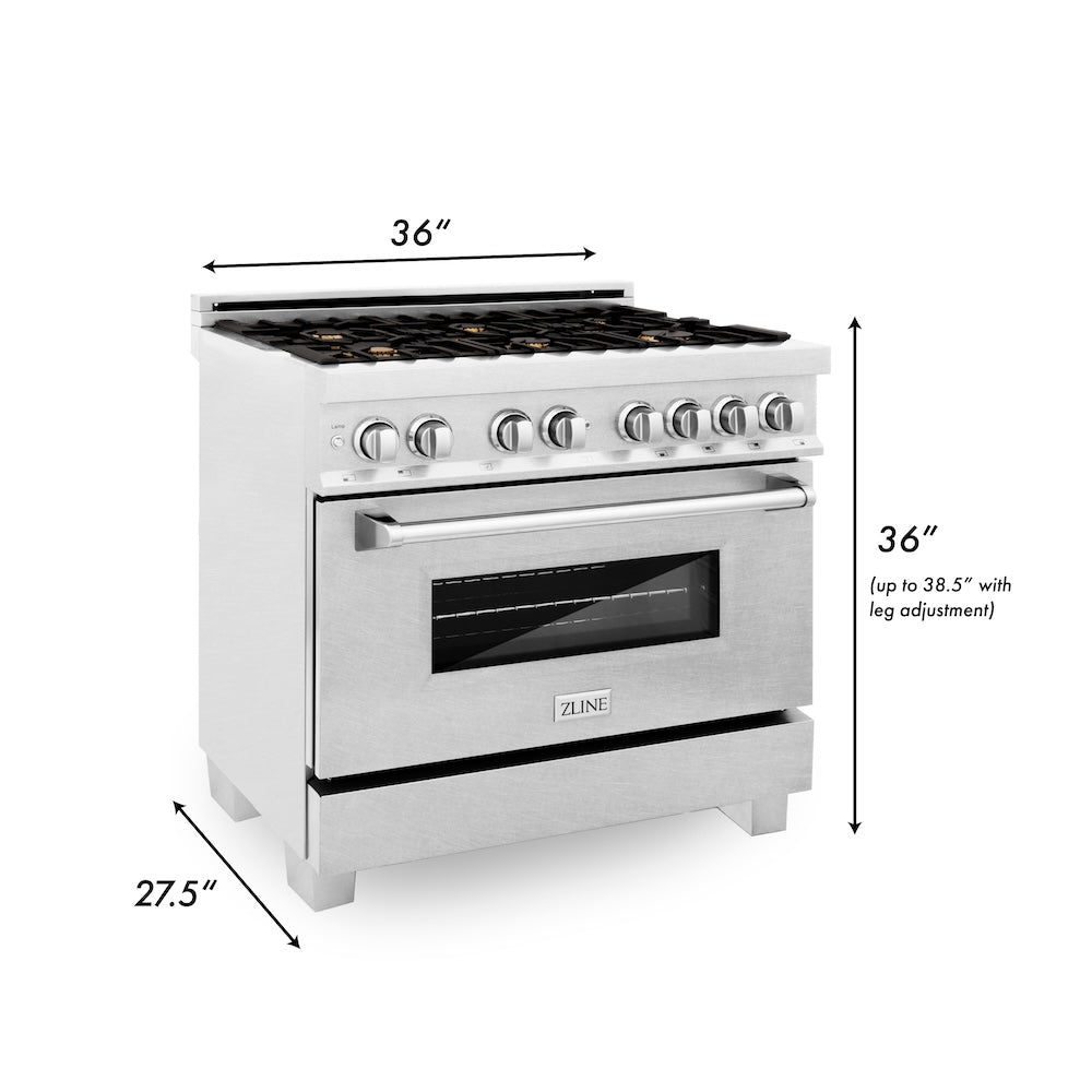 ZLINE 36 in. 4.6 cu. ft. Legacy Dual Fuel Range with Gas Cooktop and Electric Convection Oven in Satin Stainless Steel with 6 Brass Burners and Griddle (RAS-SN-BR-GR-36) dimensional diagram.
