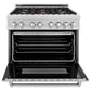 ZLINE 36 in. 4.6 cu. ft. Legacy Dual Fuel Range with Gas Cooktop and Electric Convection Oven in Satin Stainless Steel with 6 Brass Burners and Griddle (RAS-SN-BR-GR-36) front, oven open.