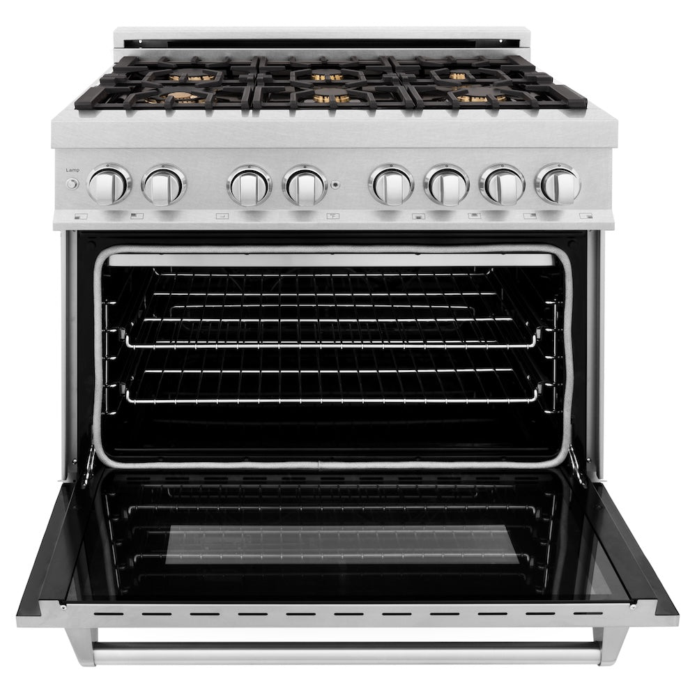 ZLINE 36 in. 4.6 cu. ft. Legacy Dual Fuel Range with Gas Cooktop and Electric Convection Oven in Satin Stainless Steel with 6 Brass Burners and Griddle (RAS-SN-BR-GR-36) front, oven open.