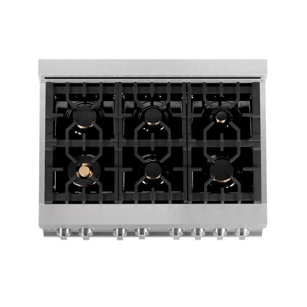 ZLINE 36 in. 4.6 cu. ft. Legacy Dual Fuel Range with Gas Cooktop and Electric Convection Oven in Satin Stainless Steel with 6 Brass Burners and Griddle (RAS-SN-BR-GR-36) top-down, above cooktop.