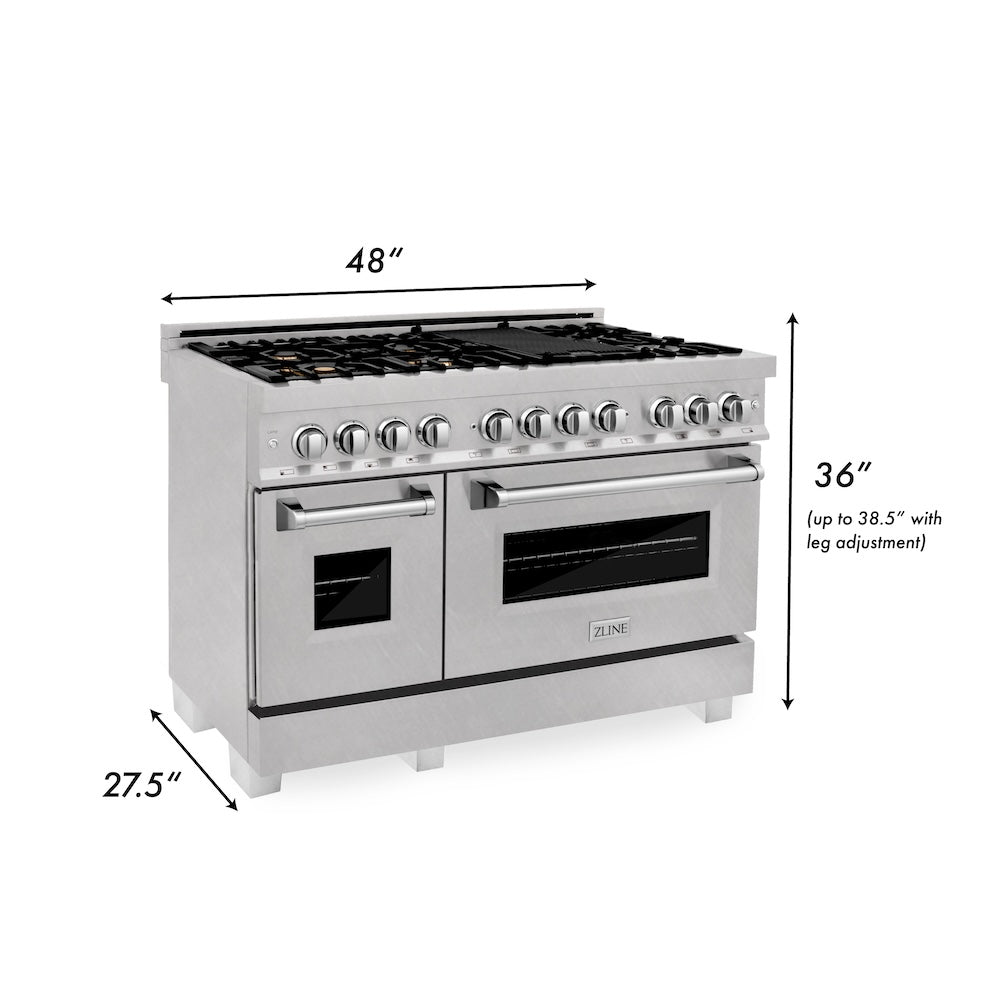 ZLINE 48 in. 6.0 cu. ft. Legacy Dual Fuel Range with Gas Cooktop and 2 Electric Ovens in Satin Stainless Steel with 6 Brass Burners and Griddle (RAS-SN-BR-GR-48) dimensional diagram.