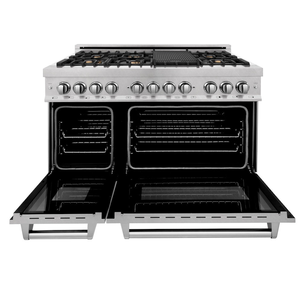 ZLINE 48 in. 6.0 cu. ft. Legacy Dual Fuel Range with Gas Cooktop and 2 Electric Ovens in Satin Stainless Steel with 6 Brass Burners and Griddle (RAS-SN-BR-GR-48) front, oven open.
