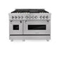 ZLINE 48 in. 6.0 cu. ft. Legacy Dual Fuel Range with Gas Cooktop and 2 Electric Ovens in Satin Stainless Steel with 6 Brass Burners and Griddle (RAS-SN-BR-GR-48) front.