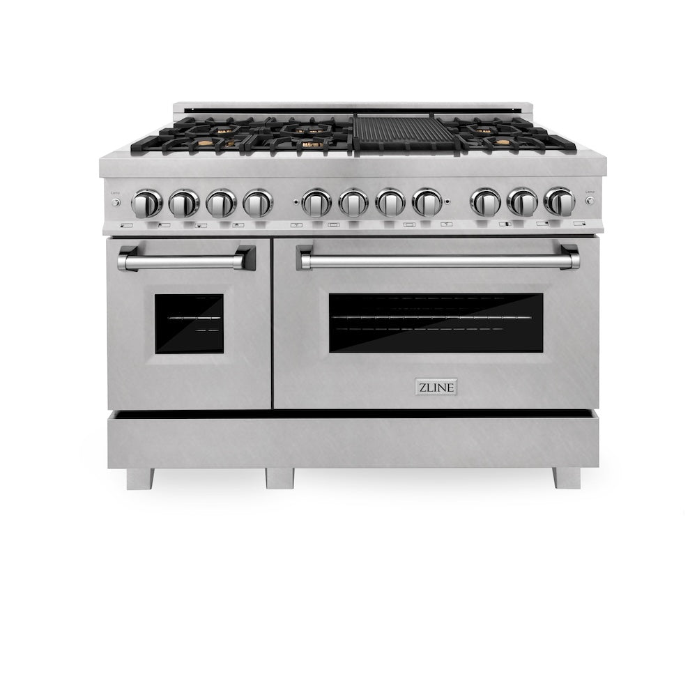 ZLINE 48 in. 6.0 cu. ft. Legacy Dual Fuel Range with Gas Cooktop and 2 Electric Ovens in Satin Stainless Steel with 6 Brass Burners and Griddle (RAS-SN-BR-GR-48) front.