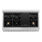 ZLINE 48 in. 6.0 cu. ft. Legacy Dual Fuel Range with Gas Cooktop and 2 Electric Ovens in Satin Stainless Steel with 6 Brass Burners and Griddle (RAS-SN-BR-GR-48) top-down, above cooktop.