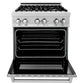 ZLINE 30 in. 4.0 cu. ft. Legacy Dual Fuel Range with 4 Burner Gas Cooktop and Electric Convection Oven in Satin Stainless Steel with Griddle (RAS-SN-GR-30) front, oven open.