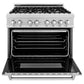ZLINE 36 in. 4.6 cu. ft. Legacy Dual Fuel Range with 6 Burner Gas Cooktop and Electric Convection Oven in Satin Stainless Steel with Griddle (RAS-SN-GR-36) front, oven open.